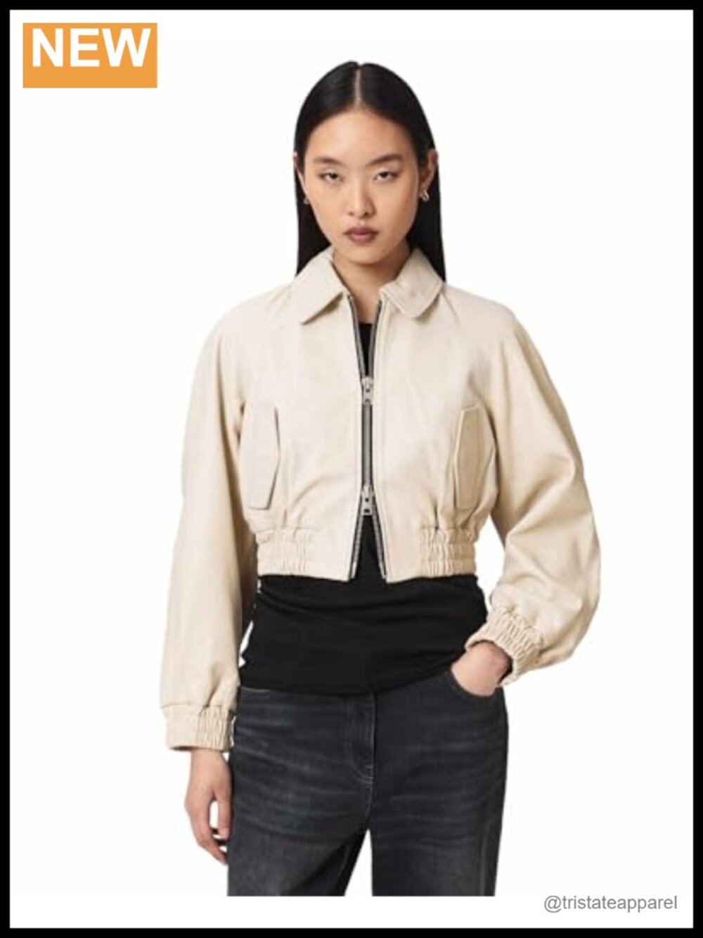 AllSaints Anouk Bomber Leather Jacket Women's Moto Style Long Sleeve